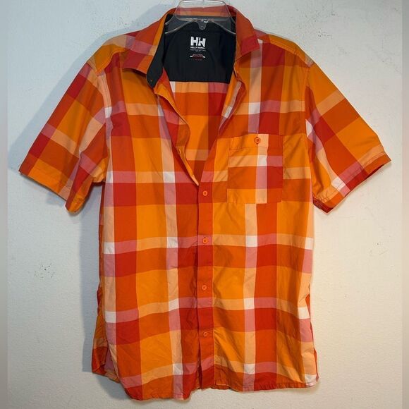 HELLY HANSEN MENS BUTTON FRONT SHIRT XL ORANGE white PLAID CHECK short sleeve - Picture 13 of 13